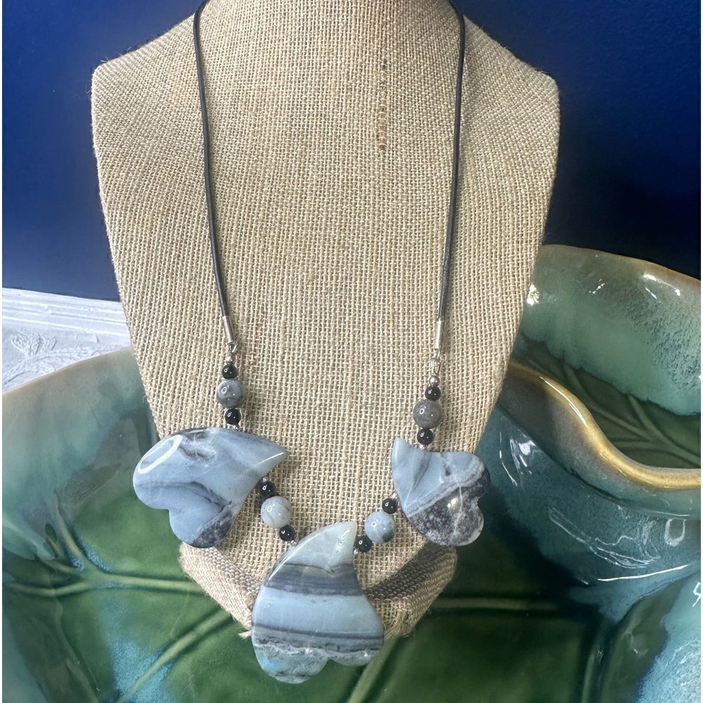 Handcrafted Lace Moss Agate Gemstone Heart beads on a corded Necklace 16”